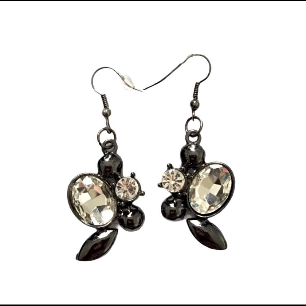 Gunmetal Multi Gemstone Rhinestone Cluster Fish Hook Style Statement Earrings